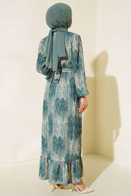 Desenli Viscon Elbise Zümrüt Yeşili - Thumbnail