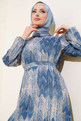 Desenli Viscon Elbise İndigo - Thumbnail