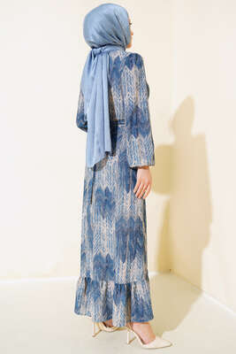 Desenli Viscon Elbise İndigo - Thumbnail