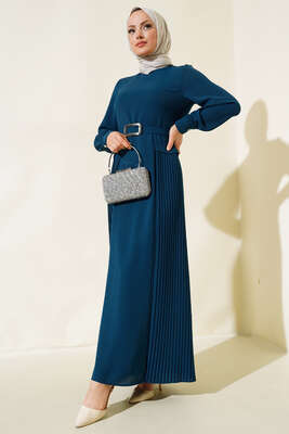 İki Yanı Piliseli Elbise Zümrüt - Thumbnail