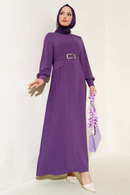İki Yanı Piliseli Elbise Mor - Thumbnail
