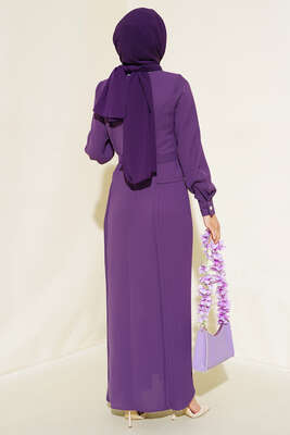 İki Yanı Piliseli Elbise Mor - Thumbnail