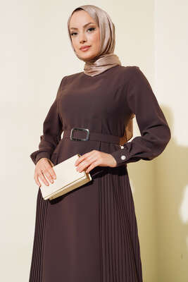 İki Yanı Piliseli Elbise Acı Kahve - Thumbnail