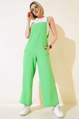 Çift Cepli Askılı Tulum Neon Yeşil - Thumbnail