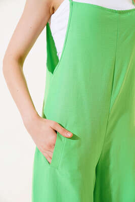 Çift Cepli Askılı Tulum Neon Yeşil - Thumbnail