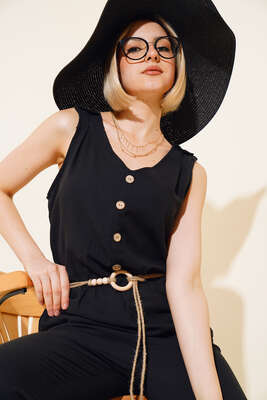 Tahta Düğmeli Keten Tulum Siyah - Thumbnail