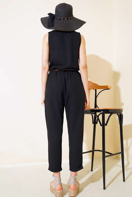 Tahta Düğmeli Keten Tulum Siyah - Thumbnail