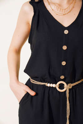 Tahta Düğmeli Keten Tulum Siyah - Thumbnail