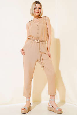 Tahta Düğmeli Keten Tulum Camel - Thumbnail