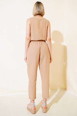 Tahta Düğmeli Keten Tulum Camel - Thumbnail