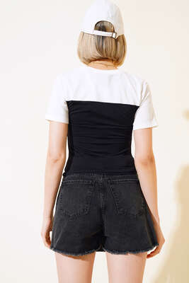 Garnili Büzgülü T-shirt Siyah Beyaz - Thumbnail