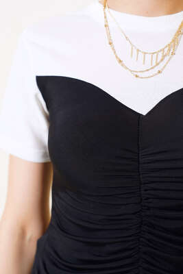 Garnili Büzgülü T-shirt Siyah Beyaz - Thumbnail