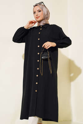 Tahta Düğmeli Uzun Gömlek Siyah - Thumbnail