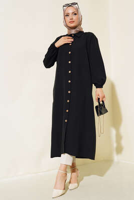 Tahta Düğmeli Uzun Gömlek Siyah - Thumbnail