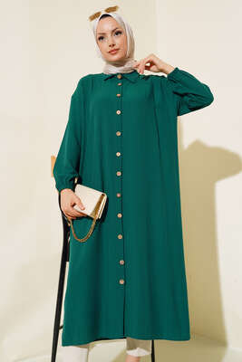 Tahta Düğmeli Uzun Gömlek Yeşil - Thumbnail