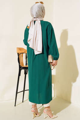 Tahta Düğmeli Uzun Gömlek Yeşil - Thumbnail