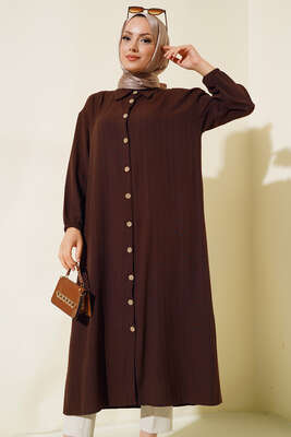 Tahta Düğmeli Uzun Gömlek Kahve - Thumbnail