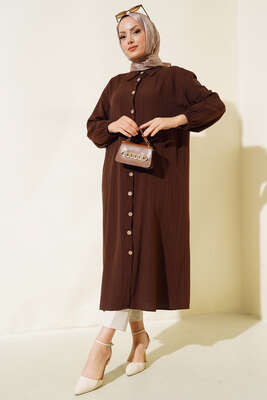 Tahta Düğmeli Uzun Gömlek Kahve - Thumbnail