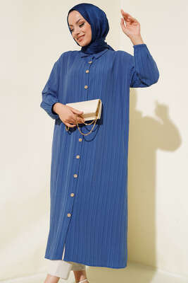 Tahta Düğmeli Uzun Gömlek İndigo - Thumbnail