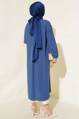 Tahta Düğmeli Uzun Gömlek İndigo - Thumbnail