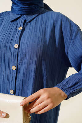 Tahta Düğmeli Uzun Gömlek İndigo - Thumbnail