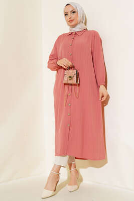 Tahta Düğmeli Uzun Gömlek Gül Kurusu - Thumbnail