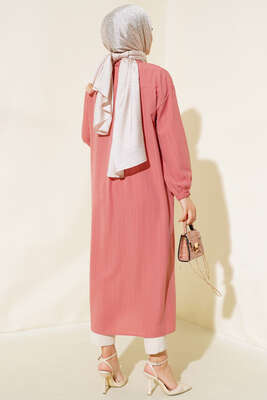 Tahta Düğmeli Uzun Gömlek Gül Kurusu - Thumbnail