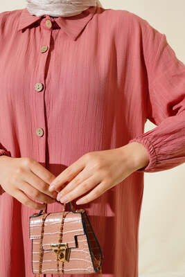 Tahta Düğmeli Uzun Gömlek Gül Kurusu - Thumbnail