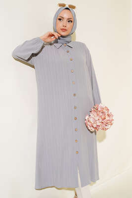 Tahta Düğmeli Uzun Gömlek Gri - Thumbnail