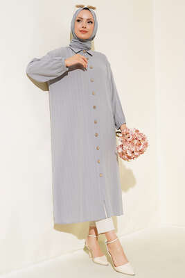 Tahta Düğmeli Uzun Gömlek Gri - Thumbnail