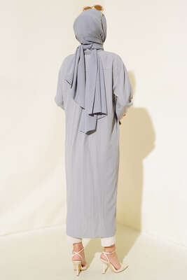 Tahta Düğmeli Uzun Gömlek Gri - Thumbnail