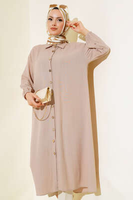 Pazarium - Tahta Düğmeli Uzun Gömlek Bej