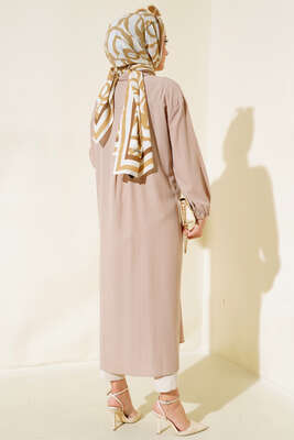 Tahta Düğmeli Uzun Gömlek Bej - Thumbnail