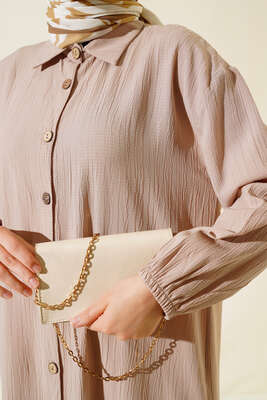 Tahta Düğmeli Uzun Gömlek Bej - Thumbnail