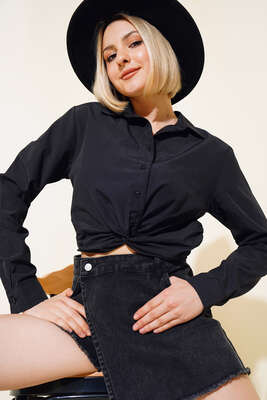 Bel Lastikli Gömlek Siyah - Thumbnail