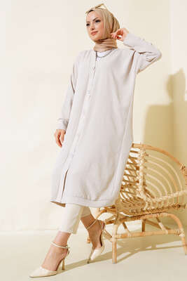 Pazarium - Önü Düğmeli Ayrobin Taş Uzun Hırka