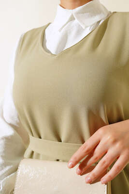 Katlı Jile Elbise Çağla Yeşili - Thumbnail