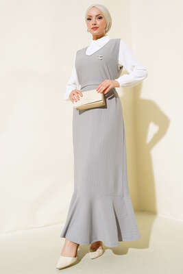 Pazarium - Çizgili Gömlekli Elbise Taş Gri