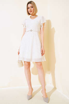 Nokta Desen Kemerli Elbise Ekru - Thumbnail