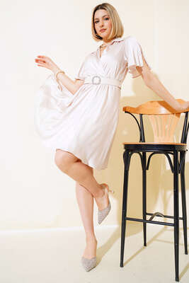 V Yaka Saten Elbise Bej - Thumbnail