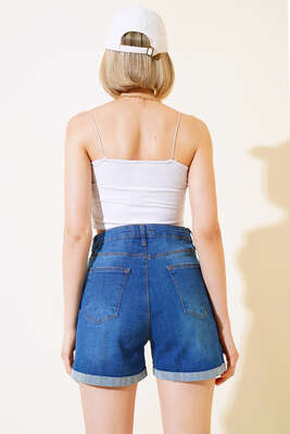 Duble Paça Kot Şort Mavi - Thumbnail