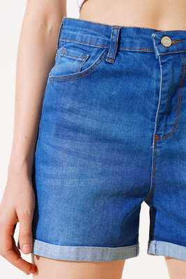 Duble Paça Kot Şort Mavi - Thumbnail