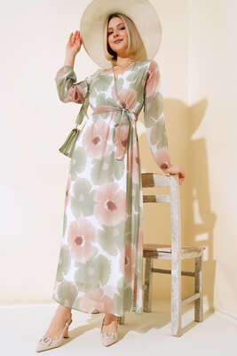 Pazarium - Kruvaze Yaka Desenli Şifon Elbise Çağla Yeşili