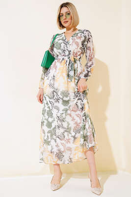 Pazarium - Kruvaze Yaka Kuşaklı Elbise Haki