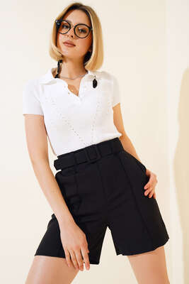 Çımalı Kemerli Şort Siyah - Thumbnail