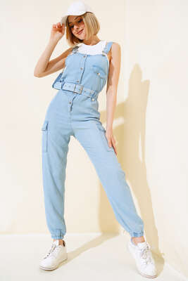 Pazarium - Kargo Cepli Askılı Tulum Açık Mavi