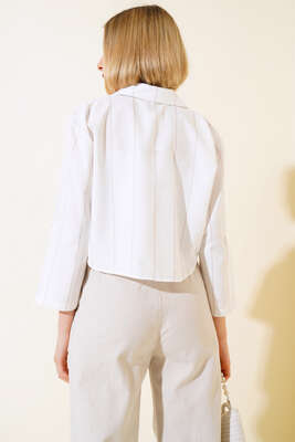 Çizgili Crop Gömlek Latte - Thumbnail