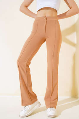 Pazarium - İspanyol Paça Çımalı Pantolon Latte