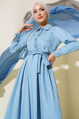 Çift Cep Kapaklı Kot Elbise Buz Mavisi - Thumbnail