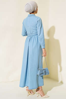 Çift Cep Kapaklı Kot Elbise Buz Mavisi - Thumbnail